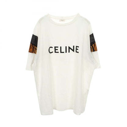 セリーヌ ロゴプリント メッシュトリム レオパード コットン Tシャツ