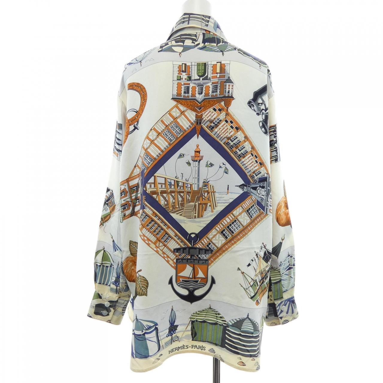エルメス CHARMES DES PLAGES NORMANDES シルクシャツ42
