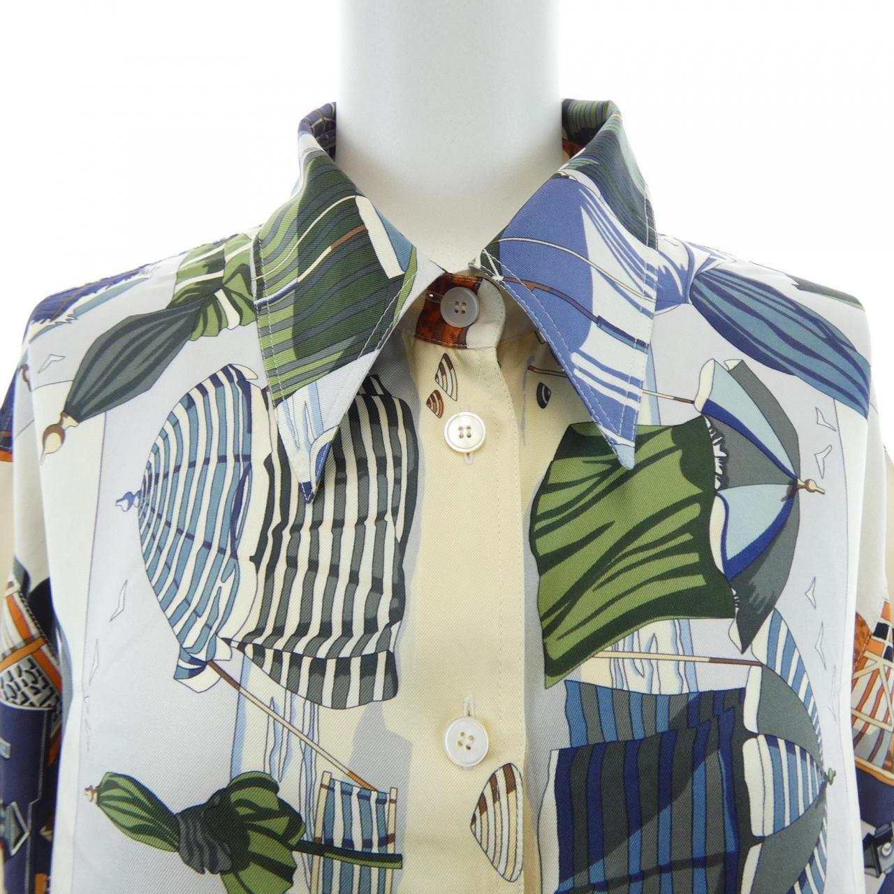 エルメス CHARMES DES PLAGES NORMANDES シルクシャツ42