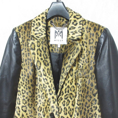 Milly ラム レザー スリーブ レオパード ウール コート
