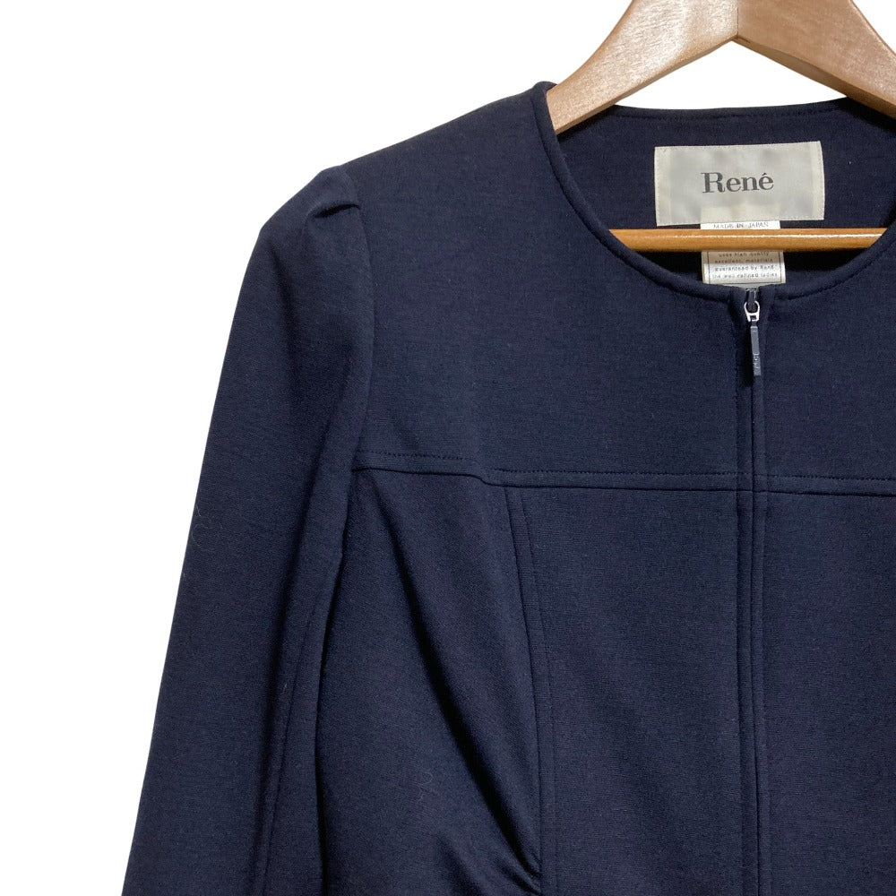 Rene ストレッチ ギャザー ノーカラー ジャケット 膝丈 スカート セットアップ