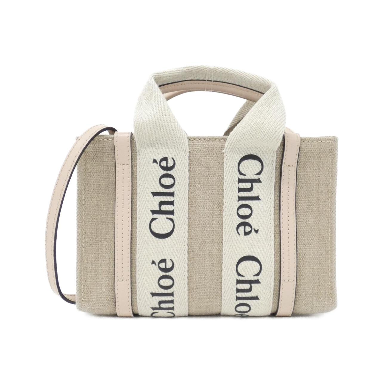 クロエ Woody Mini Tote リネンキャンバス カーフ ショルダーバッグ