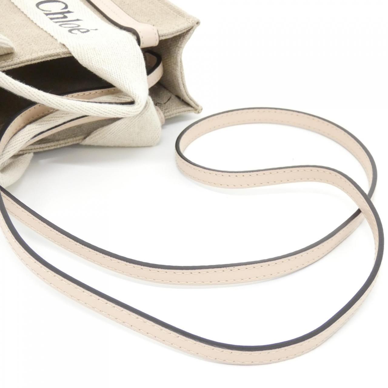 クロエ Woody Mini Tote リネンキャンバス カーフ ショルダーバッグ