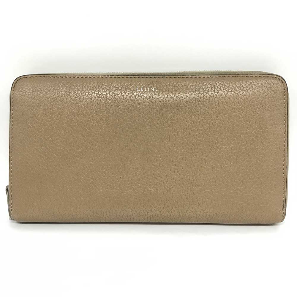 セリーヌ ベージュ レザー ラウンドジップ 長財布