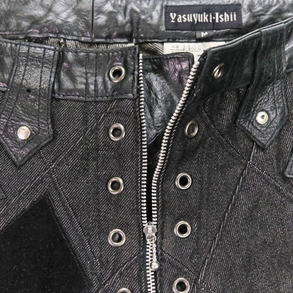 ヤスユキイシイ レザー パッチワークデニムパンツ