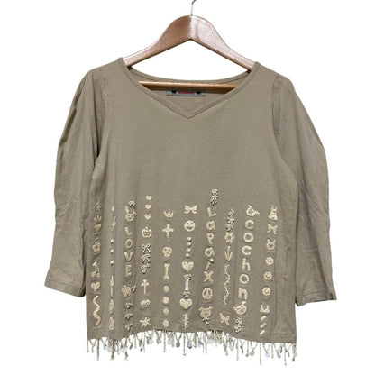 オレボレブラアルベロベロ ビーズ刺繍Vネック七分袖カットソー
