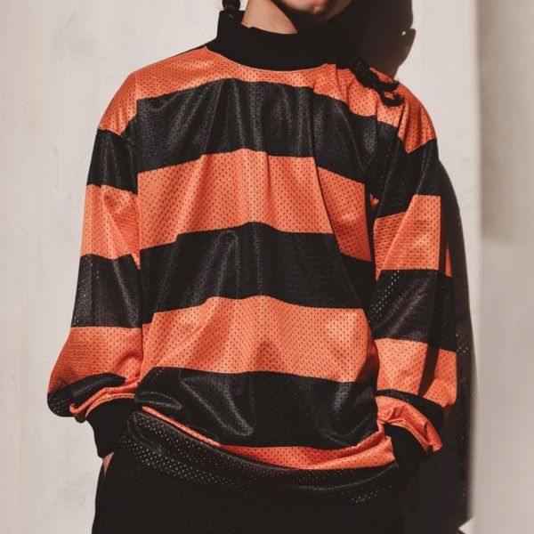 紫電 L S Mock Neck Tee Stripe Mesh ロングスリーブTシャツ