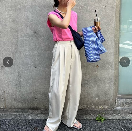 コットン Uネック ノースリーブ Tシャツ ピンク