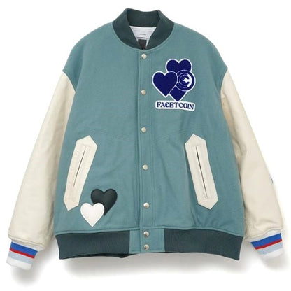 ファセッタズム×コインパーキングデリバリー×ロイヤルフラッシュ LOVE PATCH STADIUM JACKET ウール 牛革 スタジアムジャケット 限定