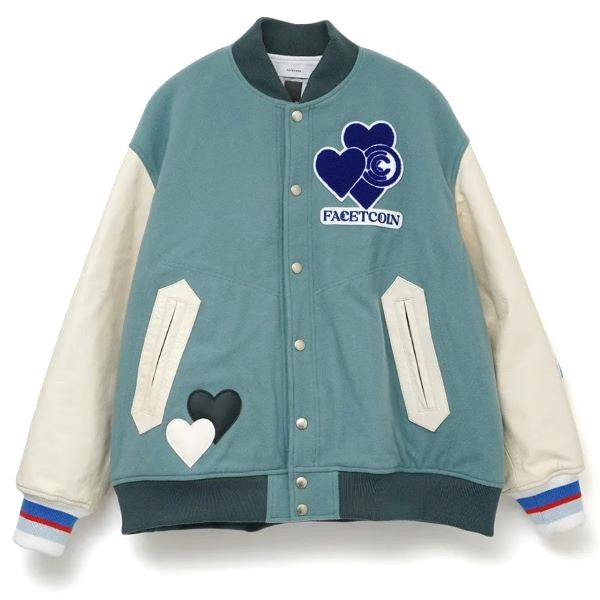 ファセッタズム×コインパーキングデリバリー×ロイヤルフラッシュ LOVE PATCH STADIUM JACKET ウール 牛革 スタジアムジャケット 限定