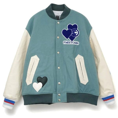 ファセッタズム×コインパーキングデリバリー×ロイヤルフラッシュ LOVE PATCH STADIUM JACKET ウール 牛革 スタジアムジャケット 限定