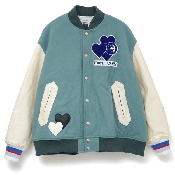 ファセッタズム×コインパーキングデリバリー×ロイヤルフラッシュ LOVE PATCH STADIUM JACKET ウール 牛革 スタジアムジャケット 限定